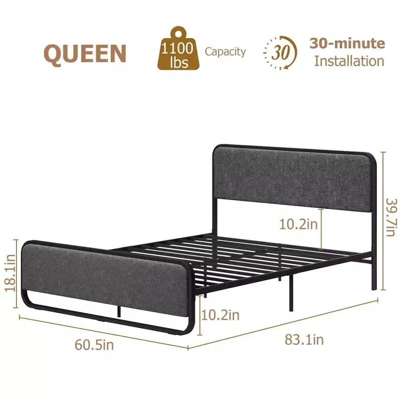 Queen Platform Bed Frame, Upholstered Queen Bed Frame with Headboard, Footboard, Under Bed Storage, Modern Noise Free Bed Frame with Sturdy Metal