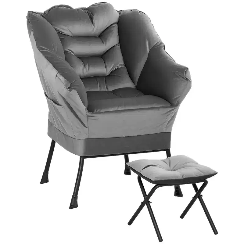 HOMCOM Lazy Chair with Ottoman Set, Fabric Upholstered Lounge Accent Chair with Armrests, Side Pockets