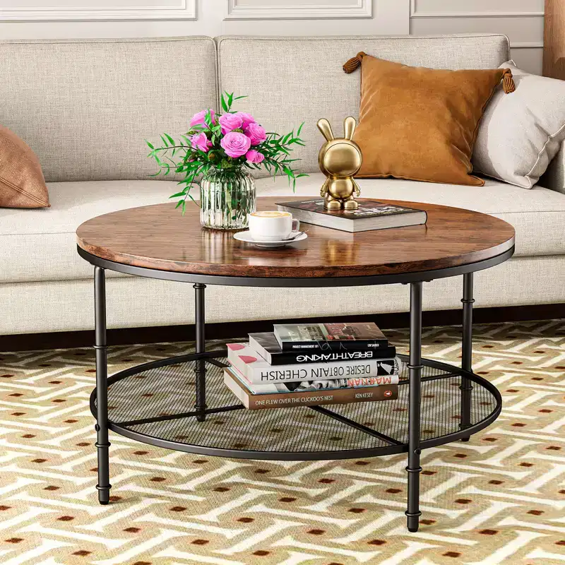 2-Tier Round Coffee Table 35.5 in with Open Storage Shelf and Metal Frame Dark Walnut