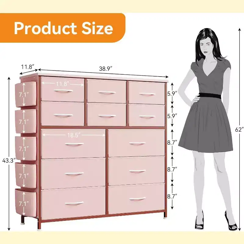 Pink 12-Drawer Fabric Dresser with Metal Frame, for 1