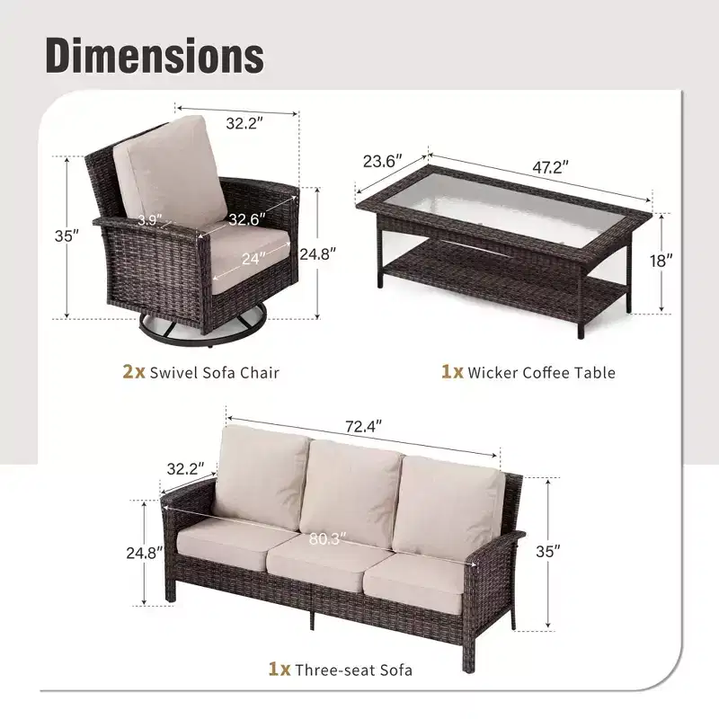 Captiva Designs 4pc Oversized Patio Outdoor Wicker Furniture Conversation Sofa Set with Coffee Table for Garden Yard Porch