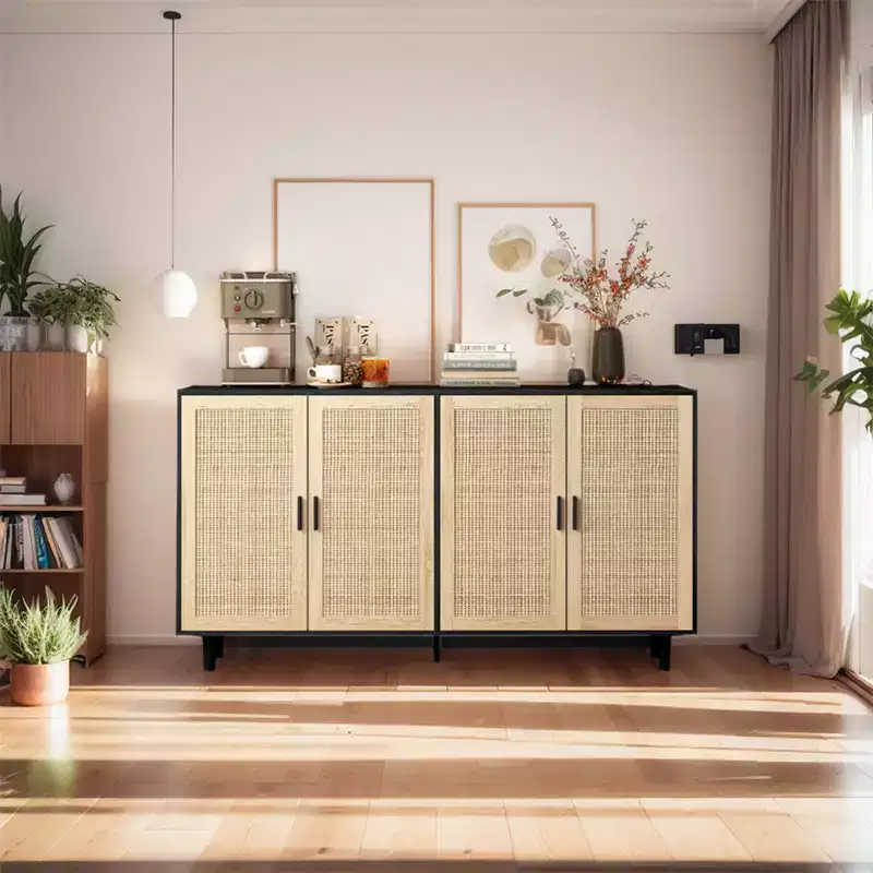 62.20Rattan Storage Cabinet, Modern Wooden Buffet Cabinet With 4 Doors Adjustable Shelves, Accent Sideboard Storage Cabinet For Living Room Hallway