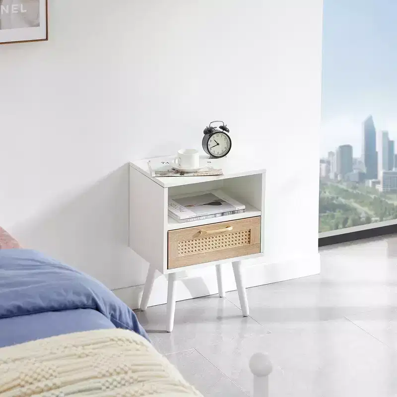 Rattan End Table with Drawer and Solid Wood Legs, Side Table for Living Room, Bedroom, White