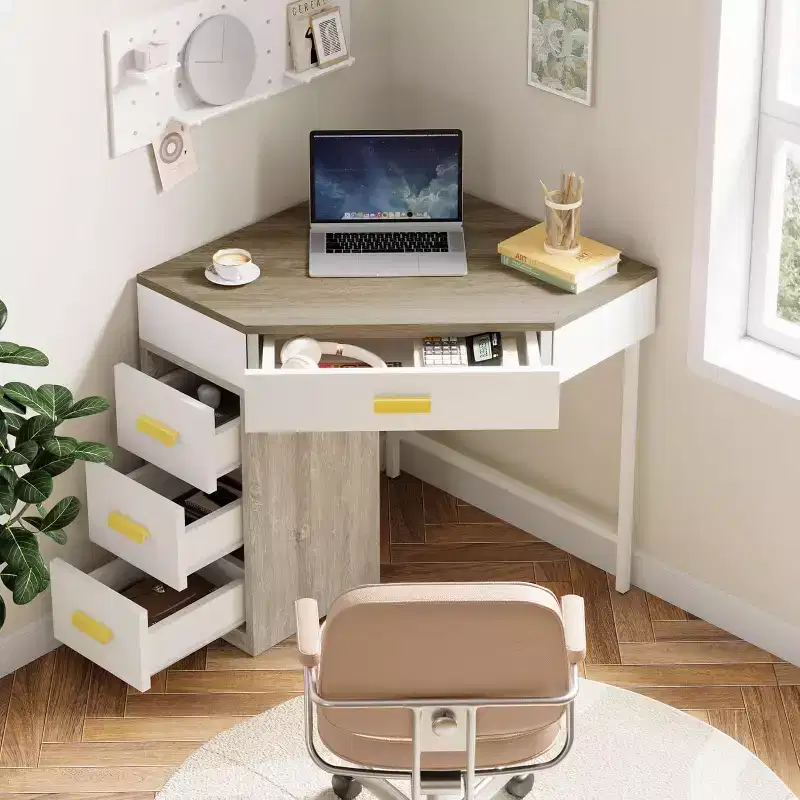 Lantine Corner Desk, Triangle Computer Desk with 3 Drawers, 90-Degree Writing Table for Home Office, Living Room, Bedroom, Grey & White