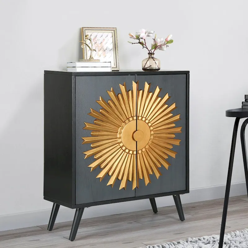 Solid Wood 2-door Sunburst Accent Cabinet Farmhouse Storage Sideboard Cupboard Buffet - W 16.5 x L 31.5 x H 38.5