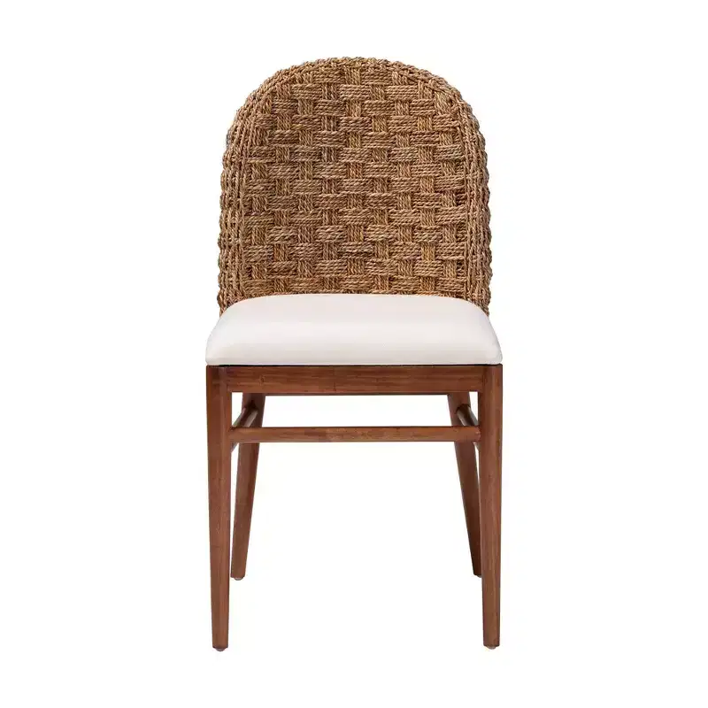Denver Acacia Wood and Seagrass Dining Chair, White/Walnut Brown: Bohemian Style, Foam Padded