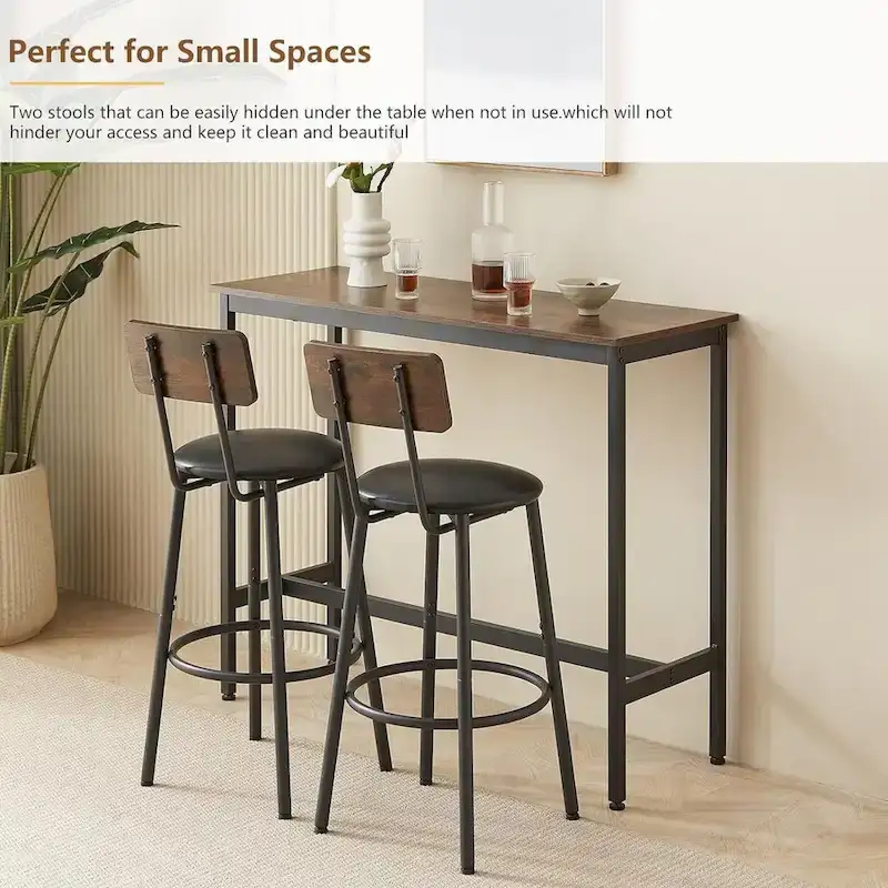 3 Pieces Bar Table and 2 Chairs Set, Industrial Style Bar Stools PU Upholstery Seat with Backrest