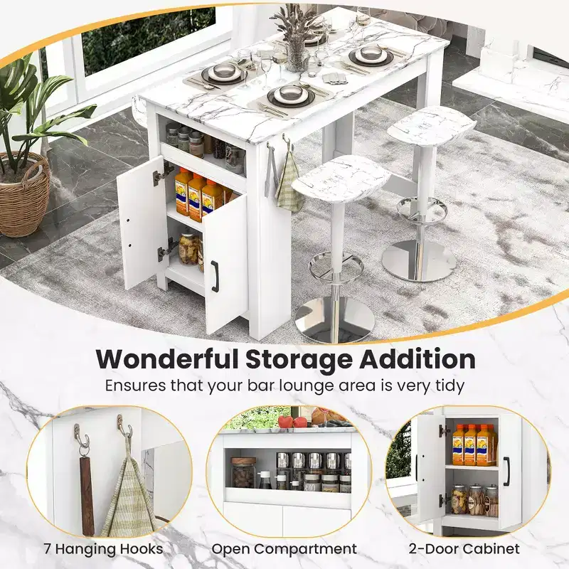 Costway 47 Long Counter Height Table Bar Table Faux Marble Pub Table w/ Cabinet