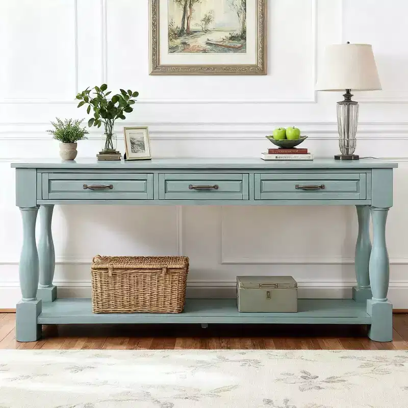 Hostack 63'' Long Console Table with 3 Drawers and 1 Bottom Shelf for Entryway and Hallway, Retro Blue