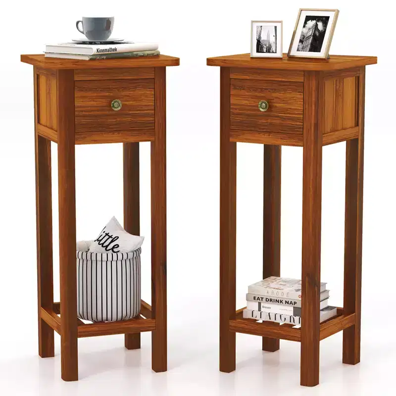 2PCS Solid Wood Side Table with Acacia Wood Top, Drawer & Open Shelf - Small Nightstand