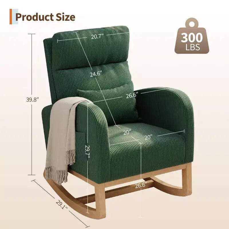 Modern Nursery Glider Rocking Chair with Side Pockets & Pillow – Ergonomic, 300 lb Capacity