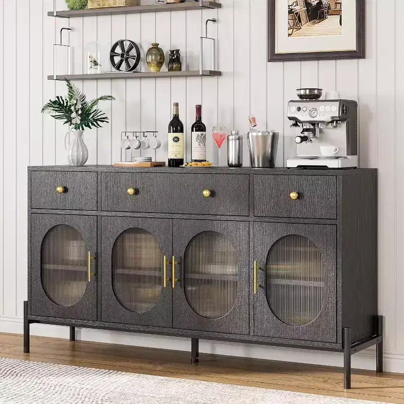 Buffet Cabinet with Storage, Wooden Buffet Cabinet with 3 Drawers & 4 Glass Doors, Coffee Bar Cabinet Buffet Table for Dinning Room, Kitchen