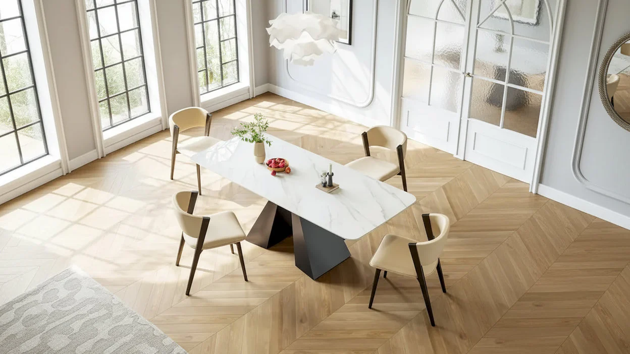 Rectangular Extendable Dining Table with Stone Top and Metal Base