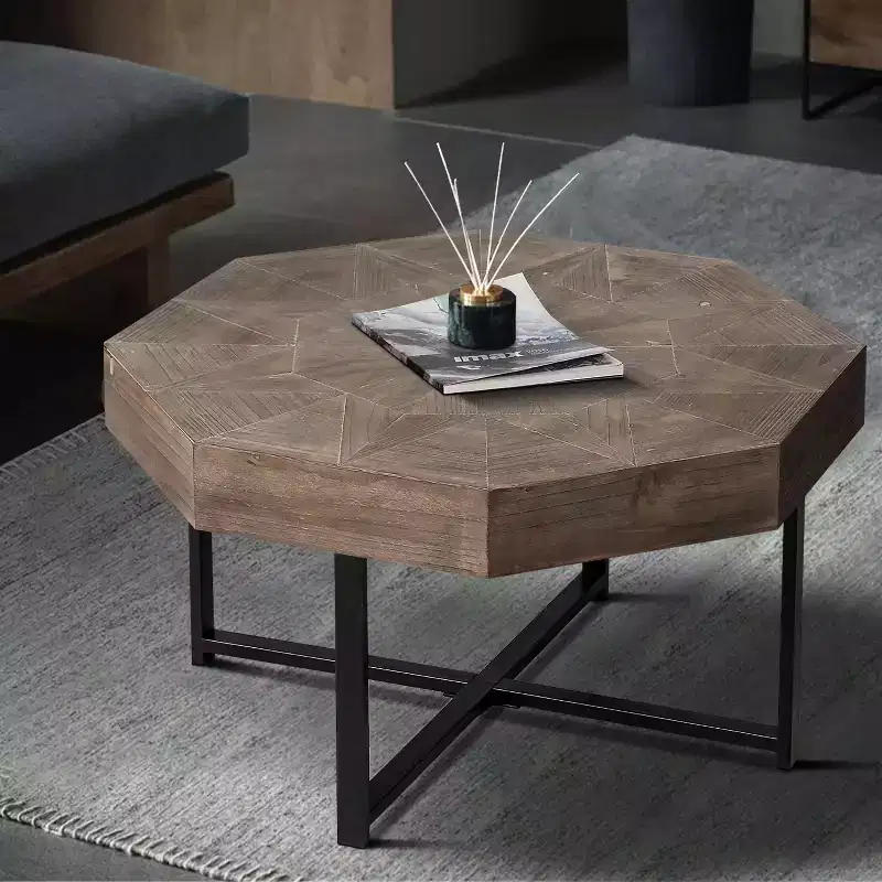 Wood Octagon Vintage Patchwork Craft Farmhouse Wooden Tabletop Cross Metal Legs Coffee Table For Living Room