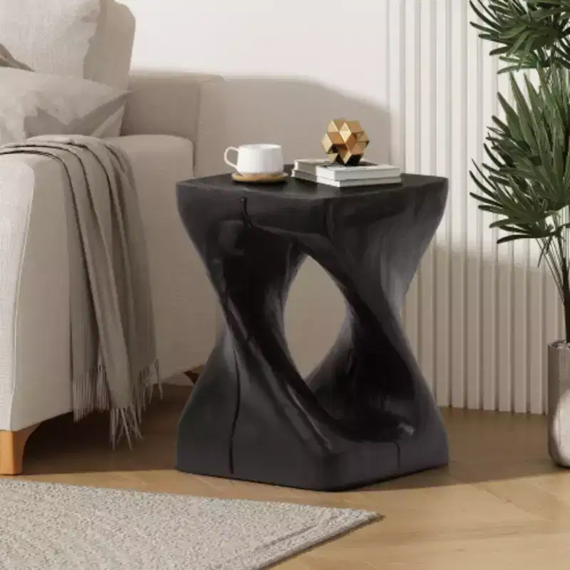 Black Twist Spiral Side Table, Wood-Grain Texture, 1-Piece