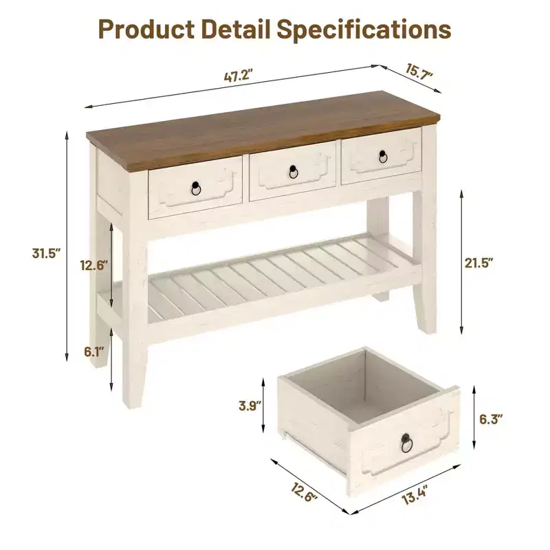 47 Console Table with Drawers, Farmhouse Rustic Entryway Table with Bottom Shelf and Solid Wood Legs