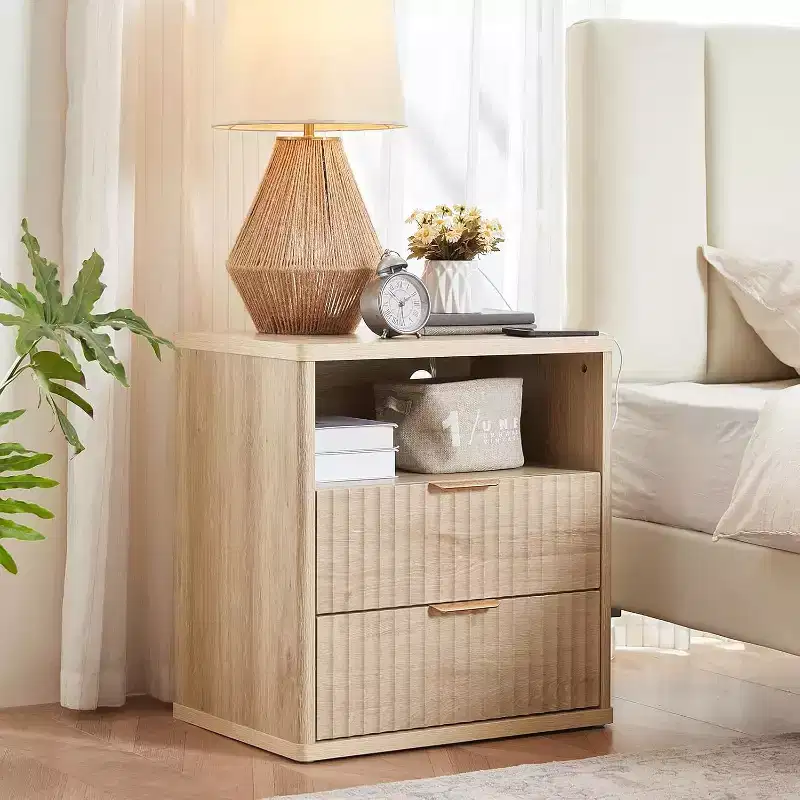 Fluted Farmhouse Night Stand, 23 Mid-Century Modern Nightstand, 2 Drawers End Table, Wood Side Table Set for Bedroom Sofa Home Office
