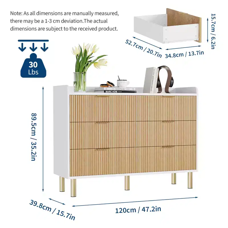 Fluted 6 Drawer Double Dresser for Bedroom, Wood Storage Dresser Organizer for Bedroom Living Room