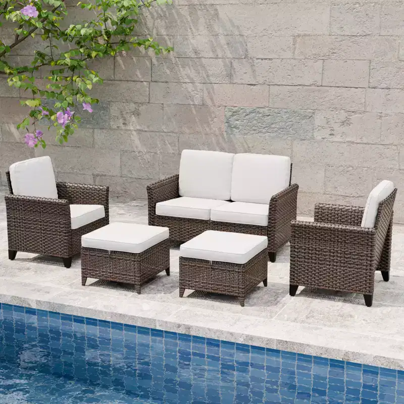 EAGLE PEAK Ocean Vista 5 piece Patio Variated Brown Wicker Conversation Set Dining Chairs & Loveseat