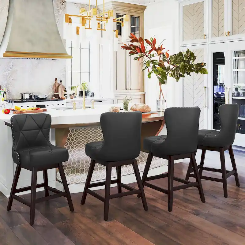 LUE BONA 26 in. Mid-Century Modern Wood Frame Swivel Bar Stools with Faux Leather and Linen Upholstered SeatSet of 4