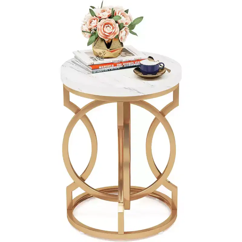 Round End Table – Faux Marble Top, O-Shaped Metal Base, White, 19.7x25.6 in