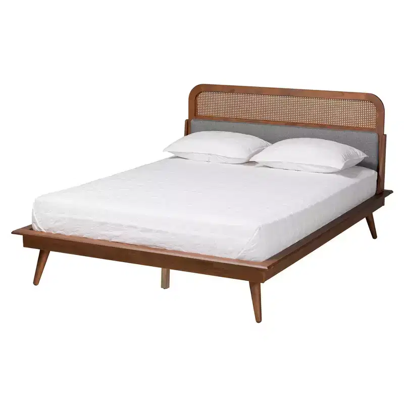 Baxton Studio Irina Fabric and Wood Platform Bed Gray/Ash Walnut: Upholstered No Box Spring Needed
