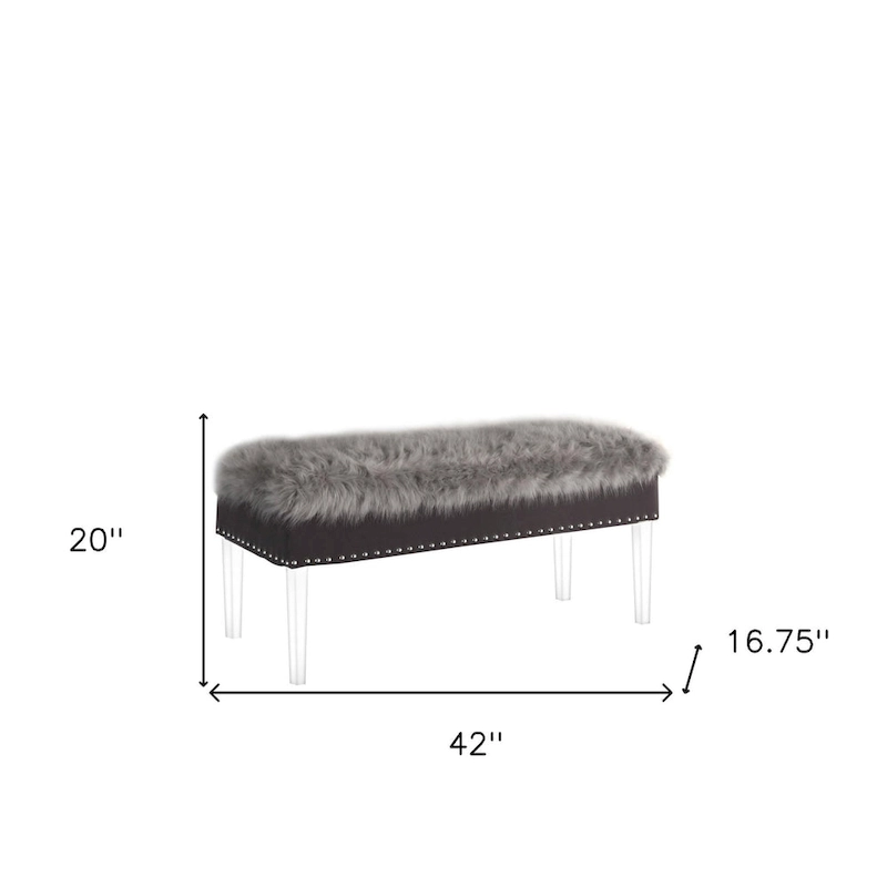 HomeRoots 42 Gray and Clear Upholstered Faux Fur Bench with Flip top