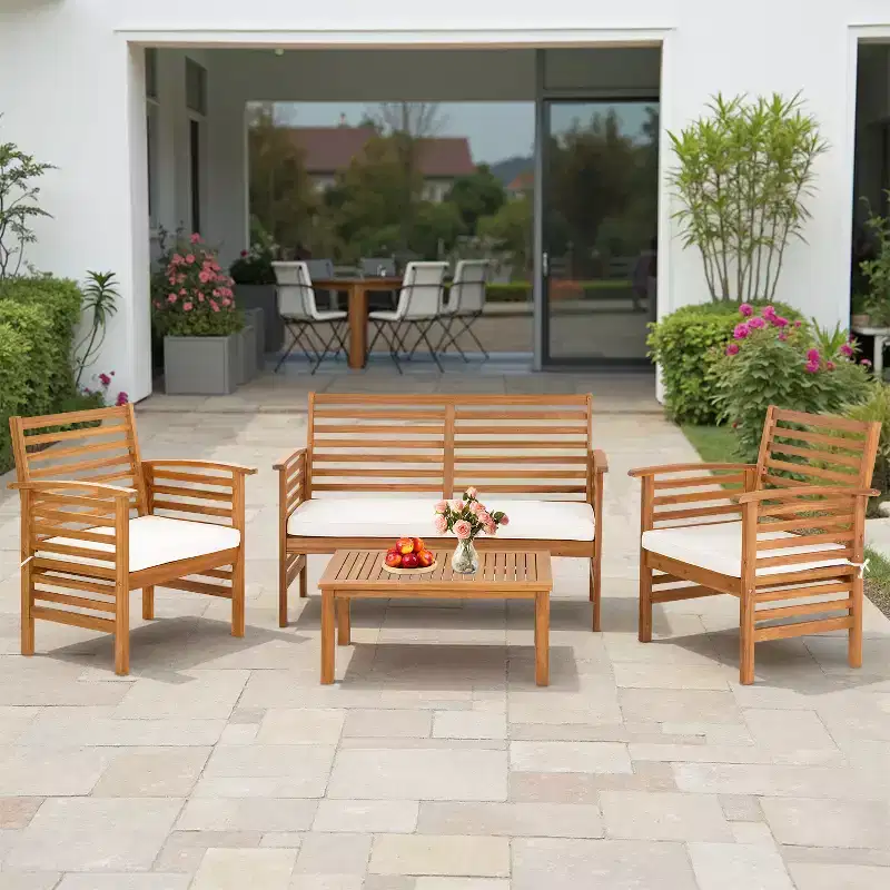 BestMassage Outdoor Wood Patio Conversation Sets Acacia Wood Outdoor Patio Sofa Set, Natural