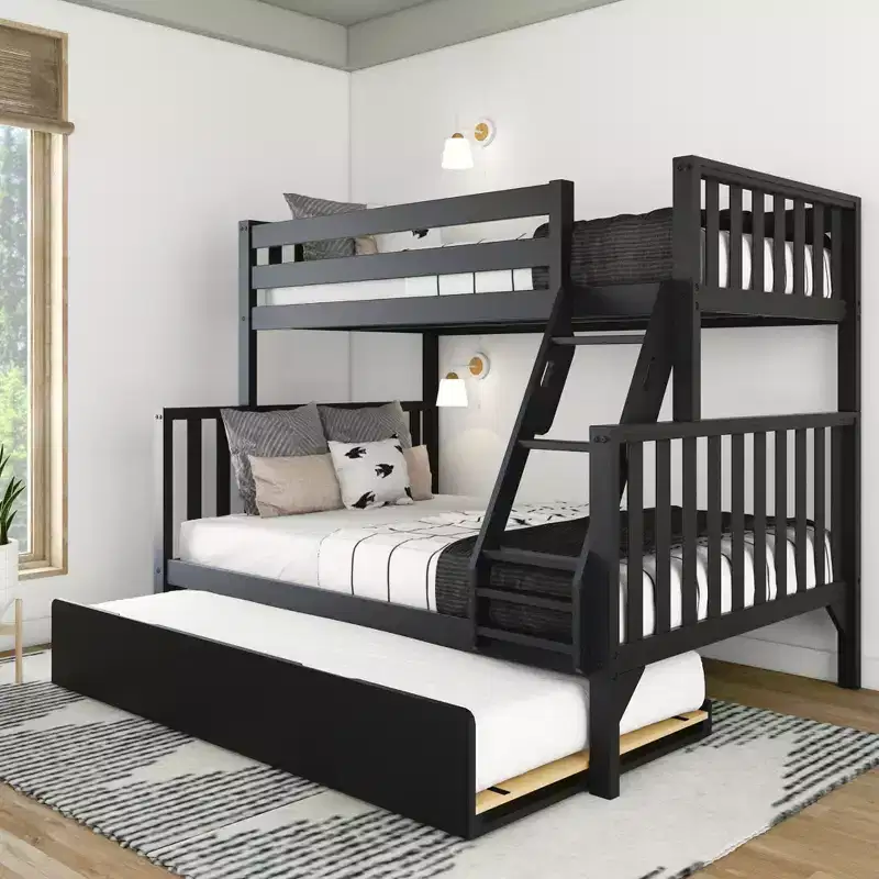 Max & Lily Bunk Bed Twin over Full with Trundle, Solid Wood Scandinavian Style Bunk Beds for Kids