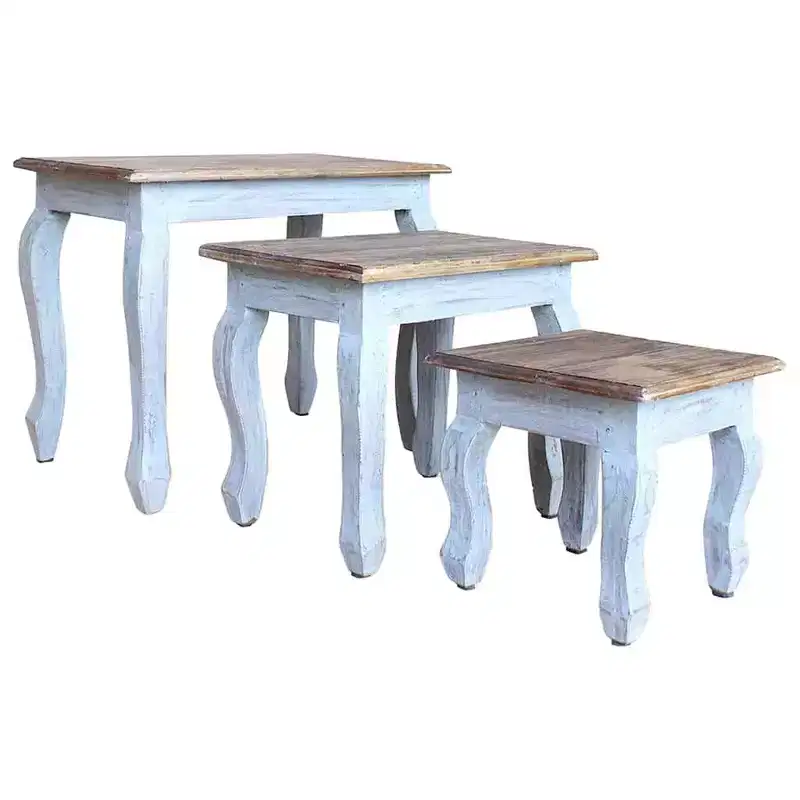 vidaXL Nesting Table Brown, White Solid Mahogany Wood Small, Medium, Large