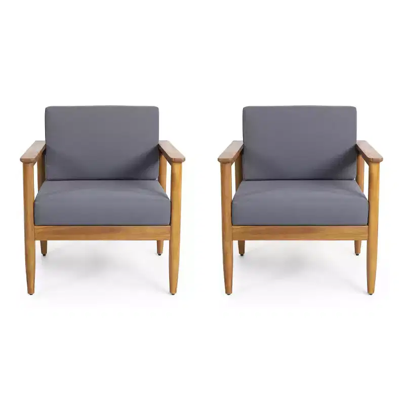 Magnolia 2pc Patio Acacia Wood Club Chairs: Water-Resistant Cushions - Christopher Knight Home