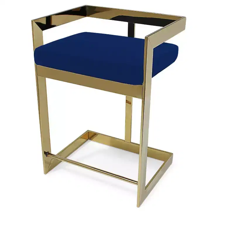 HomeRoots 26 Blue and Gold Metal and Velvet Low Back Counter Height Bar Chair