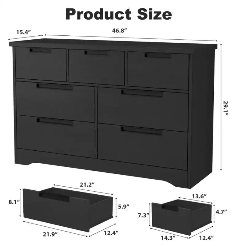 Wooden 7 Drawer Dresser for Bedroom, Black 7 Chest of Drawers with Embedded Handles, Modern Dresser Organizer Tv Stand for Home Office