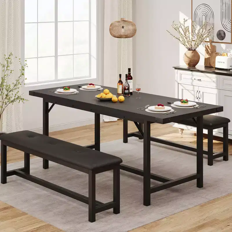 3PCS Dining Table Set, Extendable Kitchen Table with 2 Benches, Wooden Dining Room Table Set for 4-6, Space Saving Dinette Set for Home, Apartment