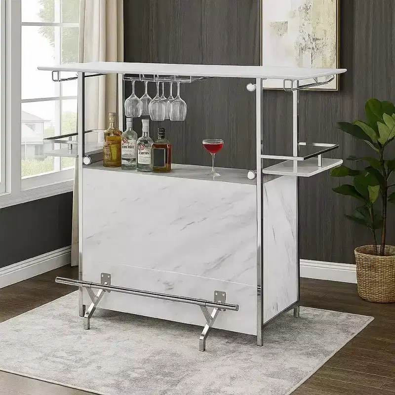 Royal Hampton Bar Table with Faux Marble and Chrome Finish, White and Silver