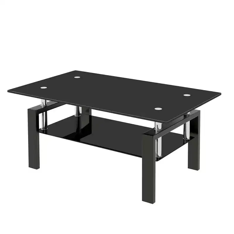 HomeRoots 39 Black Glass and Steel Coffee Table With Shelf