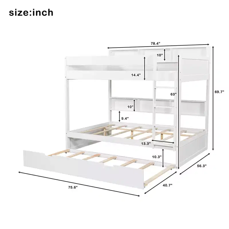 Luxystar Modern Full over Full Bunk Bed with Shelves and Trundle