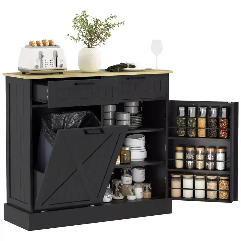 10 Gallon Farmhouse Kitchen Cabinet with Hidden Trash Can and 2 Drawers, Tilt Out Trash Can Cabinet for Kitchen