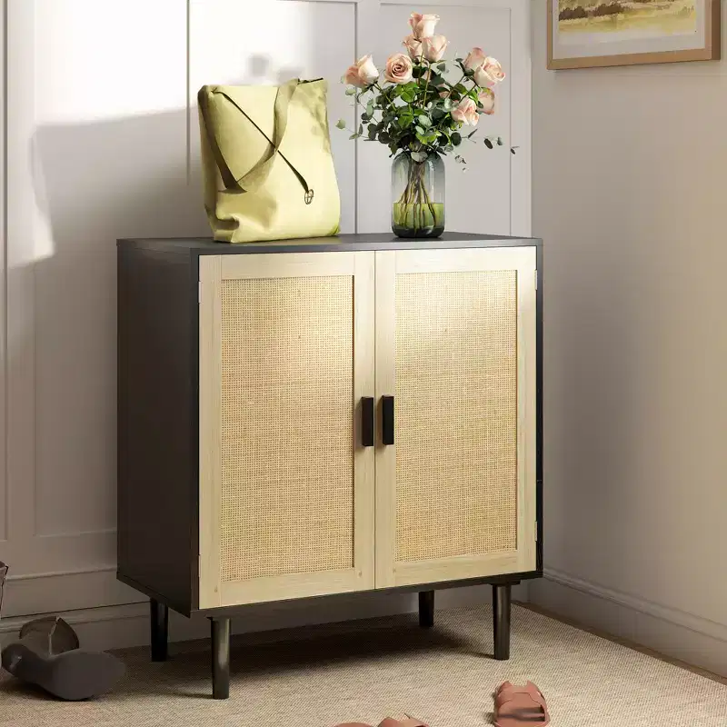 Bohemian Sideboard Buffet Cabinet with Rattan Doors & Shelves - Coffee Bar Cabinet for Living Room & Hallway