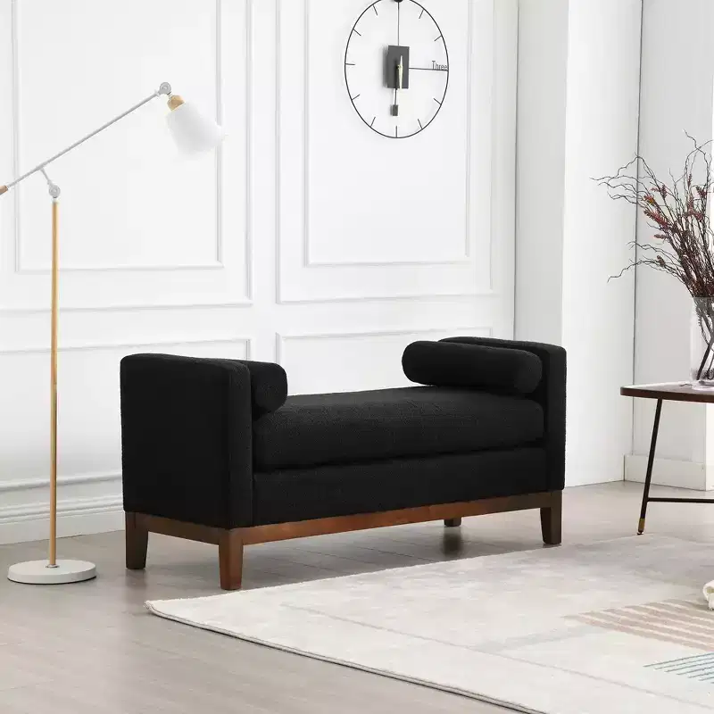 53.5 W Upholstered Bench, Wood Legs & Bolster Pillows, Boucle Fabric, for Bedroom, Living Room, Entryway