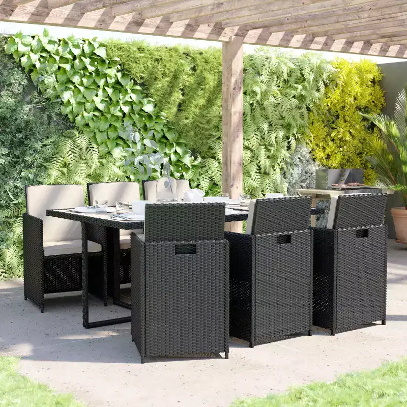 Flash Furniture Peregrine 7 Piece Outdoor Patio Dining Set, Space Saving Wicker Modular Chairs-Cushions & Acacia Wood Table Top