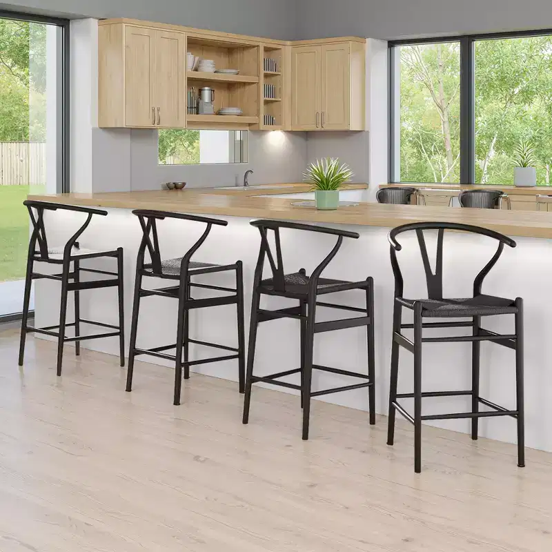 MAYEERTY Black Fully Assembled Wishbone Weave Bar Stool - Modern & Sturdy for Kitchen Island