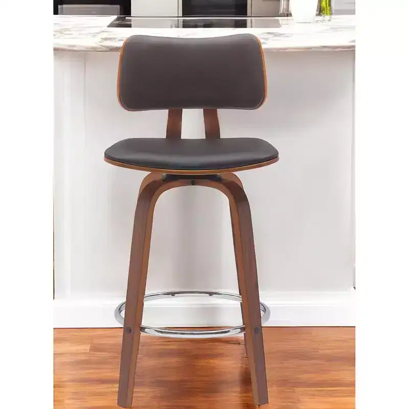 HomeRoots 26 Brown And Wood Brown Faux Leather Swivel Low Back Counter Height Bar Chair
