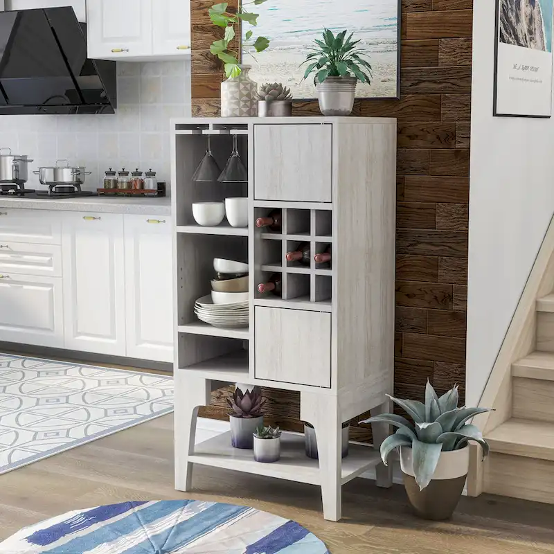 White Oak / Cappuccino Contemporary Open-Shelf Buffet with Wine Rack, 1-Person Assembly