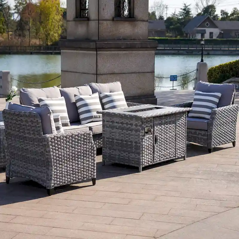 Abrihome 5-piece Wicker Patio Garden Furniture Sofa Set with Gas Fire Pit