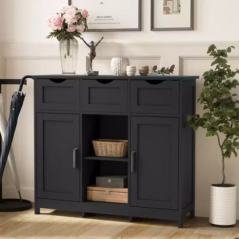 Okak Versatile Bathroom Storage Cabinet,Bedroom & Living Room, Floor Cabinet with 3 Drawers, 2 Cubbies & 3 Doors, Accent Cabinet