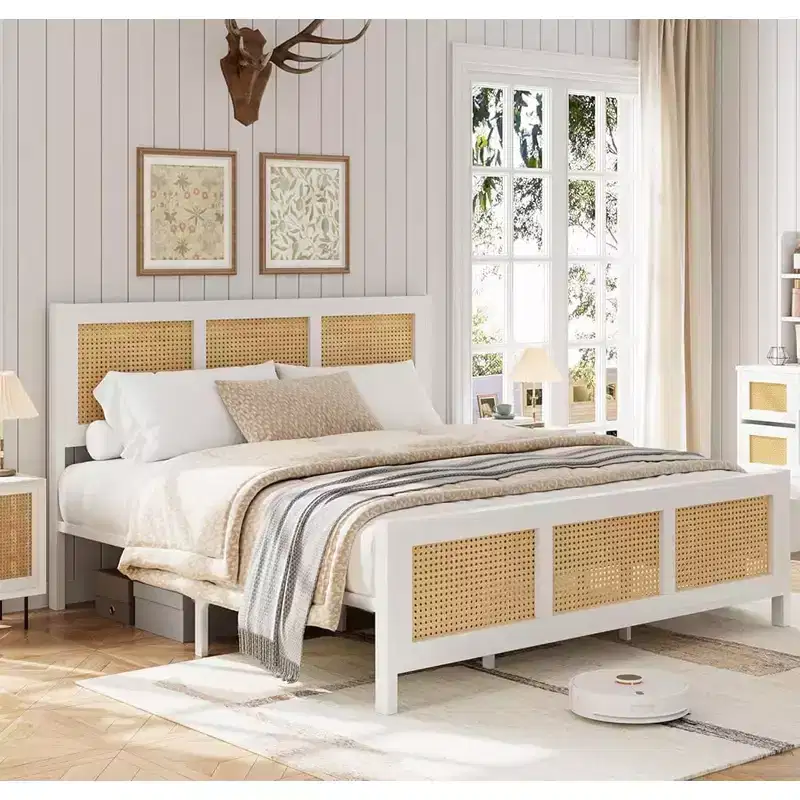 Modern Rattan Bed Frame  Full & King Size Platform with Headboard, Bohemian Design, Metal Slats Support, Noise-Free, Underbed Storage
