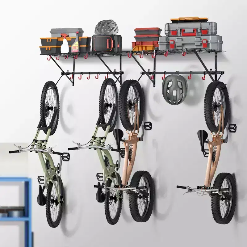 VEVOR Bike Storage Rack, 4 Bike Racks, Wall Mount Bike Storage Hanger with 2 Shelves, Home and Garage Organizer, Customizable for Various Bike Sizes