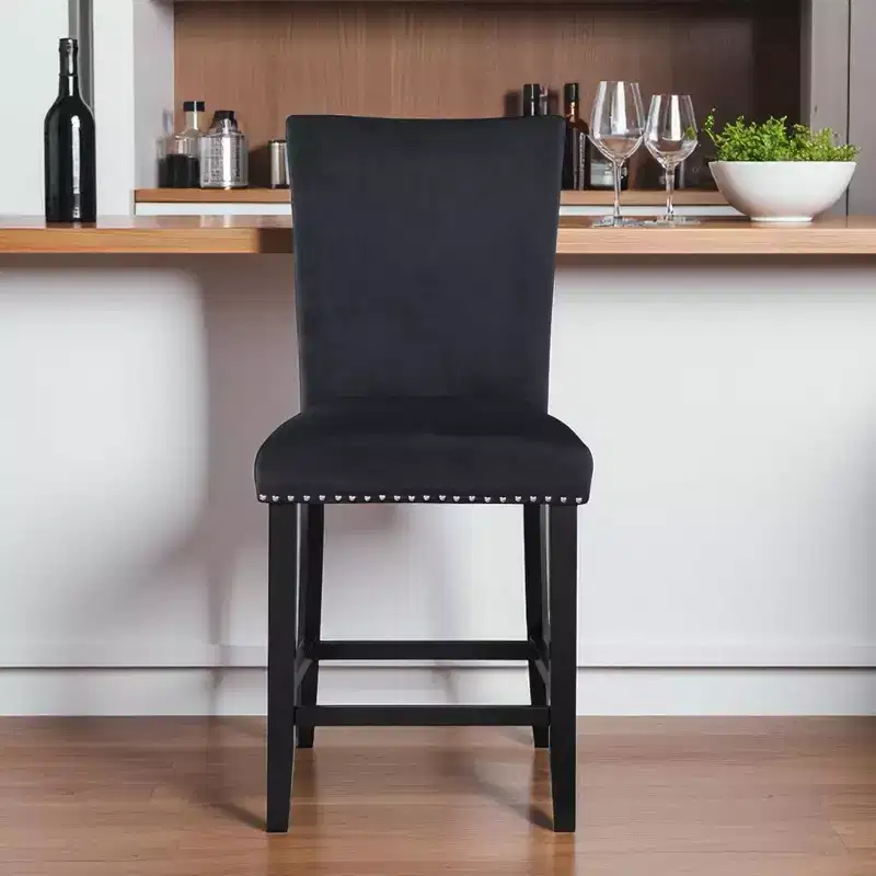 HomeRoots 25 Black Wood and Velvet Counter Height Bar Chair