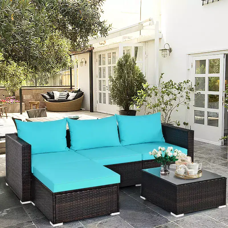 5PCS Patio Rattan Furniture Set Sectional Conversation Sofa w/ Coffee Table Red\ Navy
